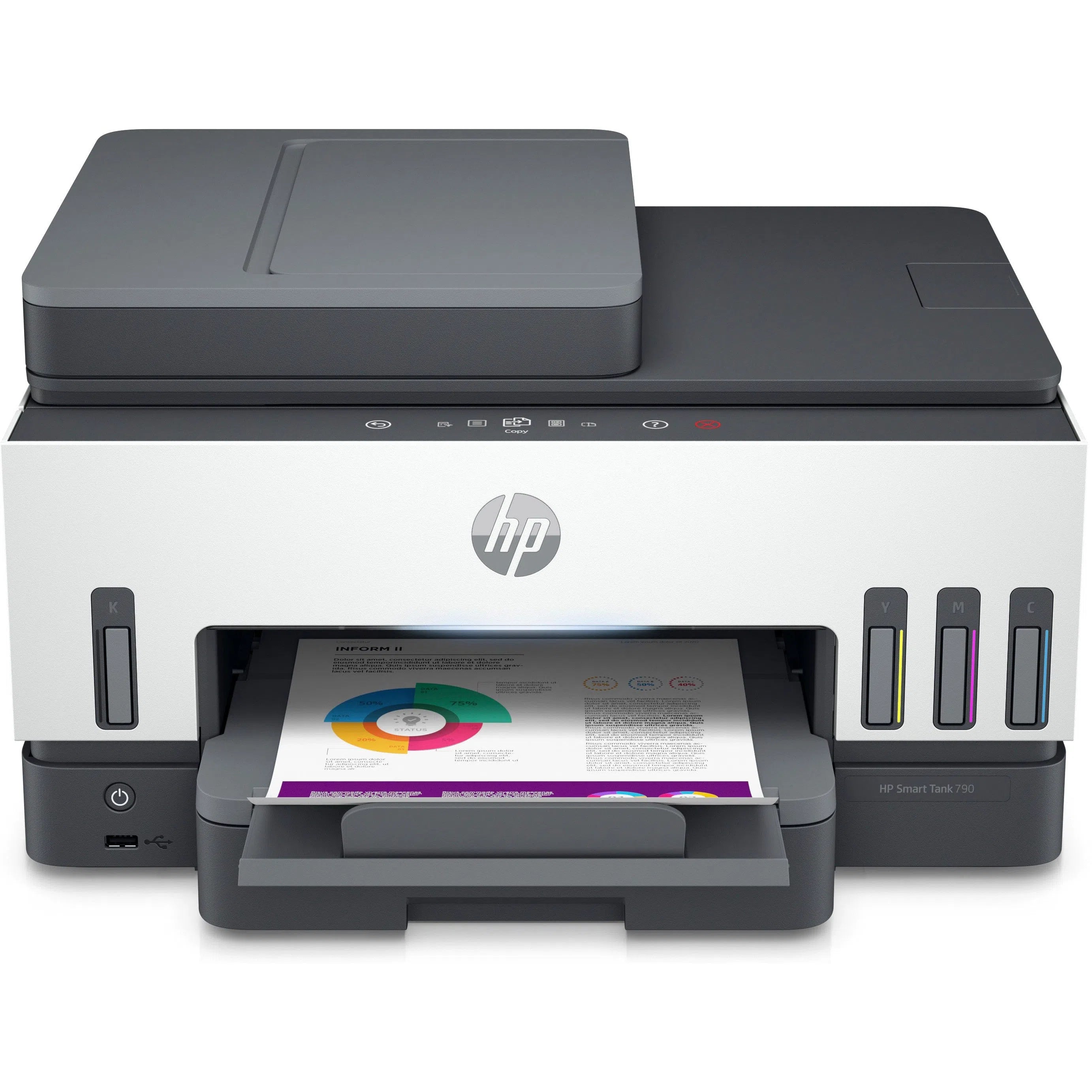 HP Smart Tank 790 A4 Ink; Print; Copy; Scan; Fax; ADF; Wireless; 5 ppm (black); 9 ppm (color). 1200 x 1200 rendered dpi
